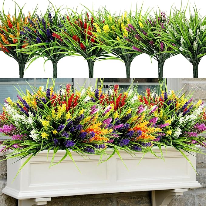 Geegoods Artificial Plants Flowers Outdoor – 24 Bundles UV Resistant Faux Lavender Flowers with Monkey Grass for Garden Porch Window Patio Hanging Planter Decor