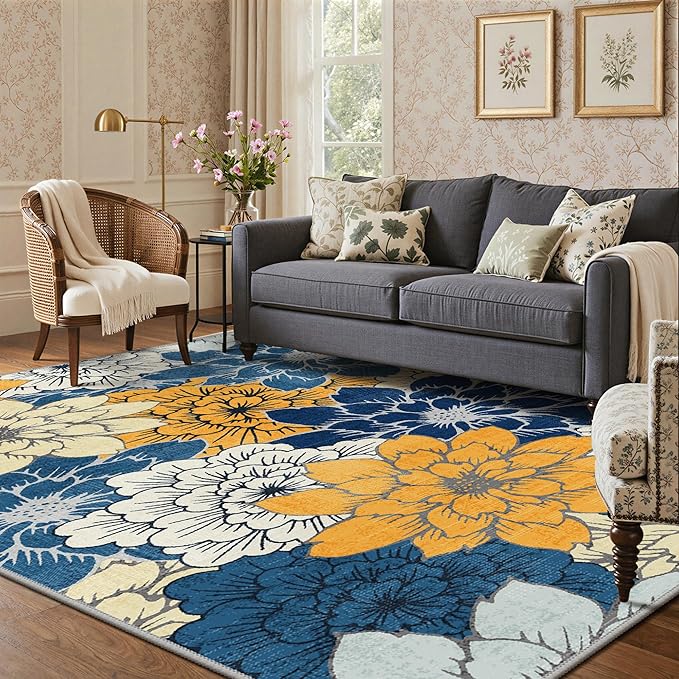 GENIMO Indoor Outdoor Area Rug 8'x10', Machine Washable Rugs for Patio, Waterproof, Non-Slip Easy Cleaning Floral Outdoor Mat Carpet for Living Room, Bedroom, RV, Balcony, Deck, Camping, Navy Blue