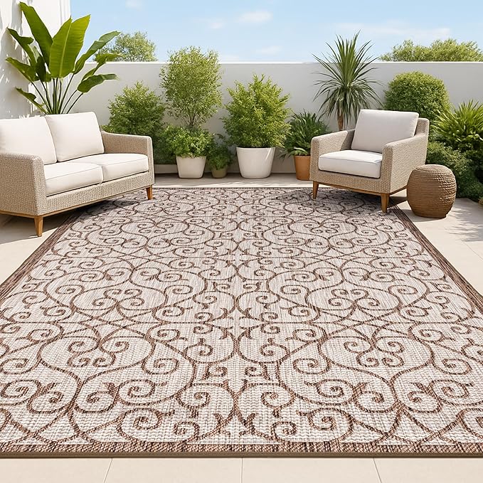 JONATHAN Y Vintage Filigree Indoor Outdoor Area Rug 9X12 Taupe/Espresso, Madrid Textured Weave for Backyard, Patio, Porch, Easy-Cleaning, High Traffic, Pet-Friendly, Non-Shedding (SMB107C-9)