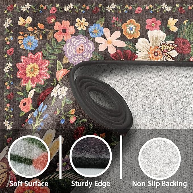 Area Rug 4x6 Black Rug, Washable Boho Rugs Non Slip Low Pile Floral Small Carpet for Bedroom, Bedside, Kids Room, Office, Dining Room(Black Garden, 4 x 6)