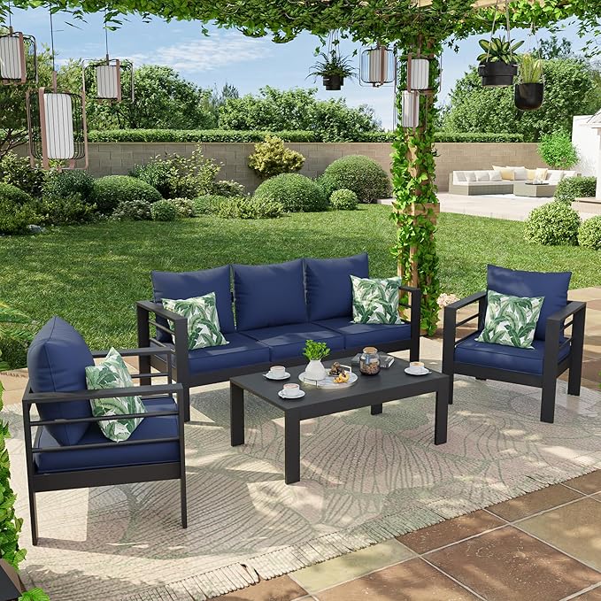 Amopatio Outdoor Chair Cushions 22.5"× 20.3" × 4", Set of 4 with Removable Cover, Waterproof & Fade Resistant seat Cushions for Patio Furniture, Navy