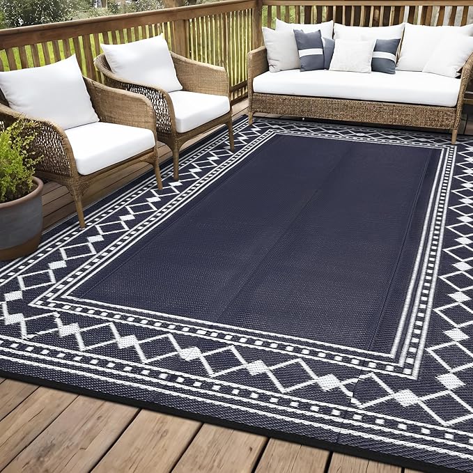 Garvee Outdoor Rug 10x14 for Patios Clearance,Waterproof Mat,Large Outside Carpet,Reversible Plastic Straw Camping Rugs,Porch,Deck,Balcony,Backyard,Black/Blue