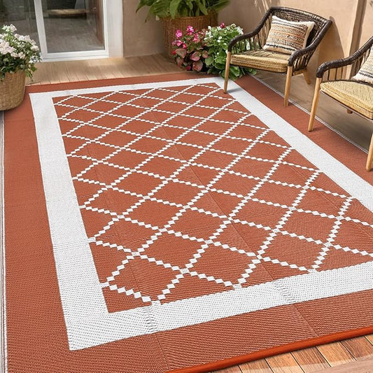 Waterproof Outdoor Rug 8x10 Reversible Plastic Straw Rug Modern Geometric Large Floor Carpet Lightweight Foldable Camping Mat for Outdoors RV Patio Backyard Picnic Orange/White