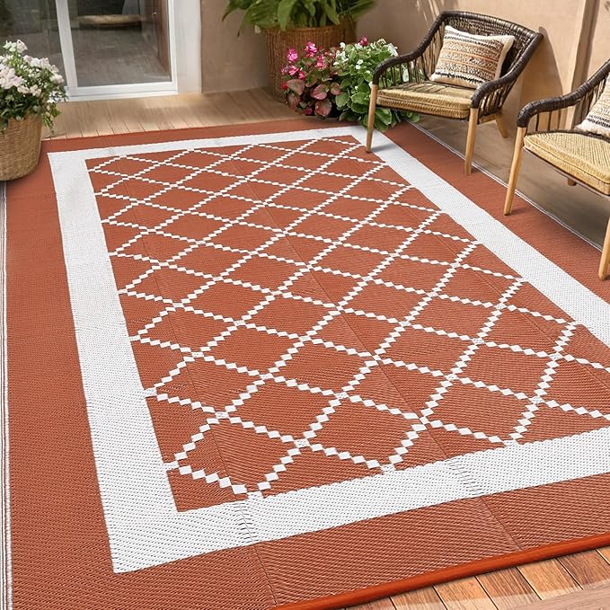 COZYLOOM Waterproof Outdoor Rug 9x12 Reversible Patio Rug Plastic Straw Mat, Modern Carpet, Boho Indoor Outdoor RV Mat for Deck, Balcony, Camping, Porch, Beach, Picnic, Terracotta