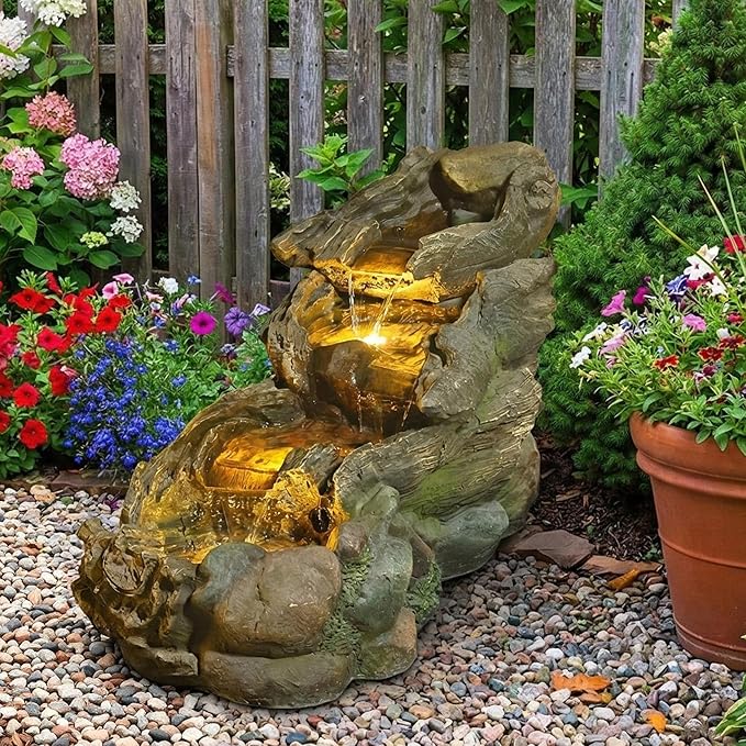 37" L Outdoor Water Fountain with 3 Tiers Cascading Realistic Tree Trunk Waterfall Fountains with LED Lights Outdoor Water Fountain for Garden Patio Backyard Porch Home Decor