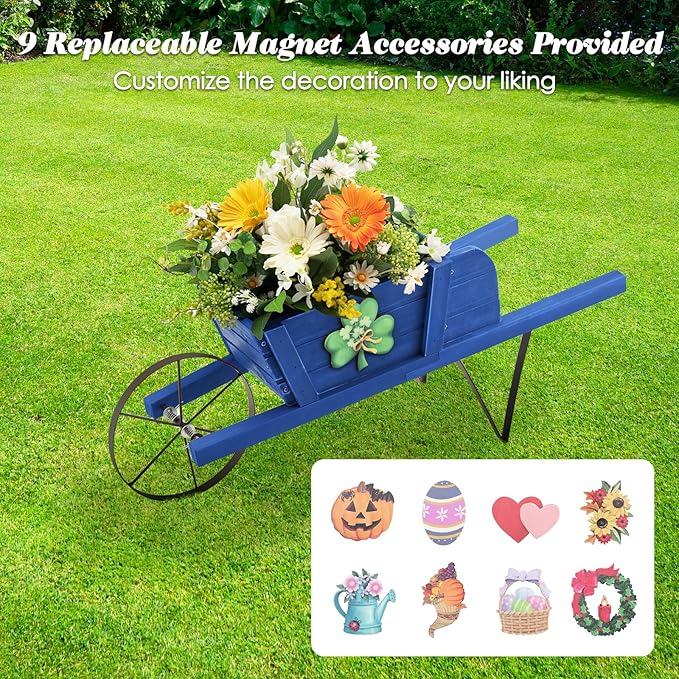 S AFSTAR Wood Wheelbarrow Planter, Small Flower Plant Pot Wheelbarrow Cart with Metal Wheel & 9 Replaceable Magnet Accessories, Wooden Wagon Planter Wheelbarrow for Outdoor Garden Backyard (Blue)