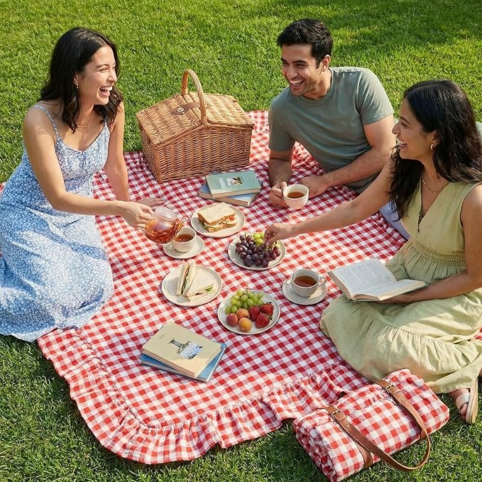 2-in-1 Extra Large Waterproof Picnic Blanket, 71x90in Dual Layers Portable Red Gingham Ruffled Mat Giant Beach Towel Yoga Leather Accessories Outdoor Camping Hiking Music Festival Pad