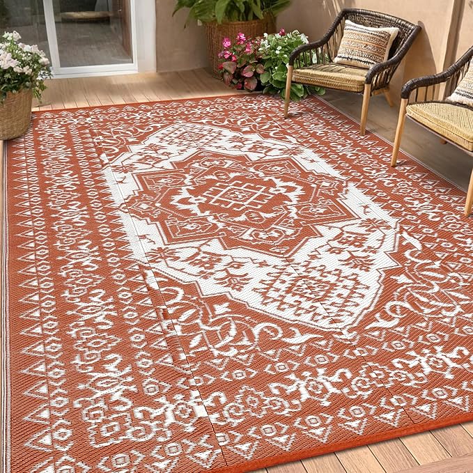 COZYLOOM Outdoor Patio Rug 8x10 Waterproof Reversible Plastic Straw Mat, Large Vintage Medallion Boho Area Rug Indoor Outdoor Rugs for Deck, Balcony, Pool, Camping, Beach, Picnic, Porch, RV