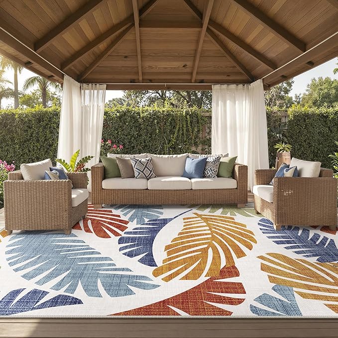 GENIMO Outdoor & Indoor Area Rug 10'x14', Waterproof, Non-Shedding, Easy Cleaning, Leaf Mat for Patio, Living Room, Balcony, Dining Room, RV, Deck, Bedroom, Camping, Outside Carpet, Rust Navy