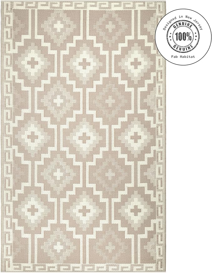 Fab Habitat Boho Vintage Tribal Outdoor Rug - Waterproof, Crease-Free Fade Resistant, Reversible - Recycled Plastic - Patio Porch Balcony Deck Yard Garden - Lhasa Mocha - 5x8 ft