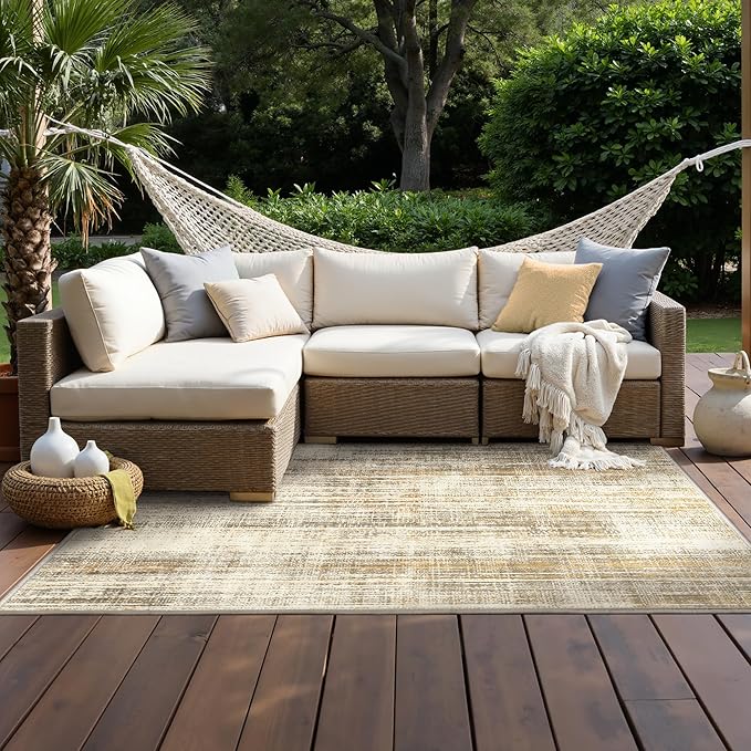 GENIMO Outdoor & Indoor Area Rug 4'x6', Waterproof, Non-Shedding, Easy Cleaning, Abstract Mat for Patio, Living Room, Balcony, Dining Room, Deck, RV, Bedroom, Camping, Outside Carpet, Brown