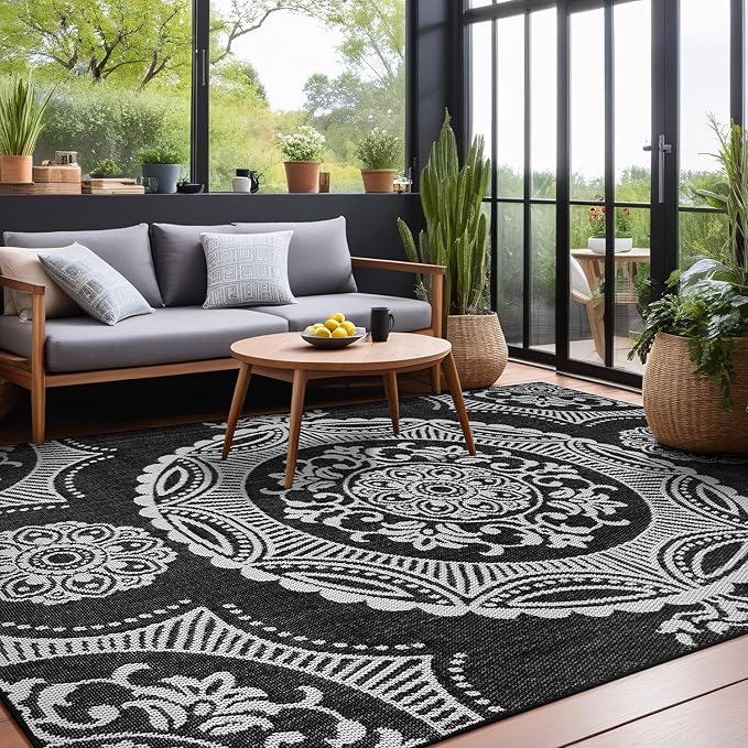 Medallion Outdoor Rug 10x14 Washable Outside Carpet for Indoor Patio Porch Waterproof Easy Cleaning Non Shedding Area Rugs Black 10 x 14