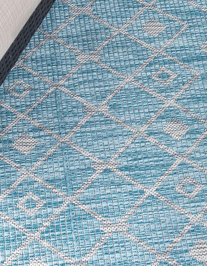Unique Loom Outdoor Trellis Collection Area Rug - Tribal Trellis (13' Square, Aqua/ Ivory)