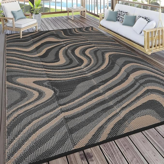 Waterproof Plastic Straw Outdoor Rug 9x18 Patio Reversible UV Resistant Foldable Camping Carpet Modern Abstarct Large Outdoor Rugs for Deck, Camper, Balcony, Beach，Black/Gray/Brown