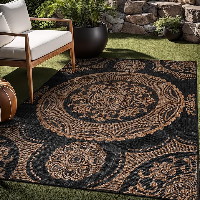 Medallion Outdoor Rug 6x9 Washable Outside Carpet for Indoor Patio Porch Waterproof Easy Cleaning Non Shedding Area Rugs Nut Brown 6 x 9