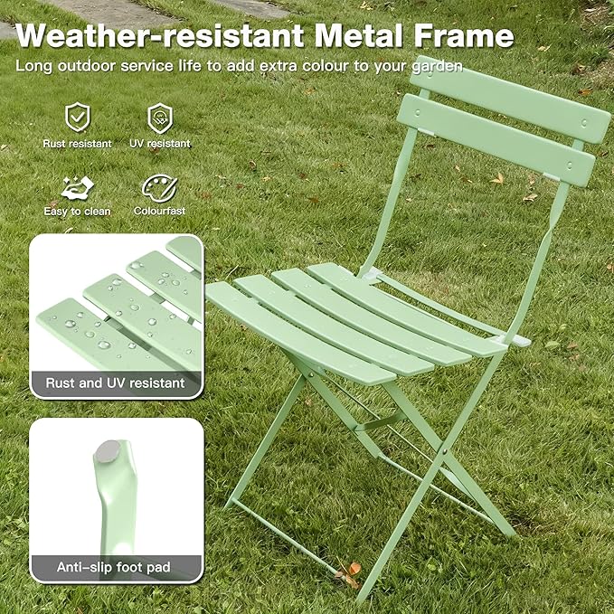 3 Piece Bistro Set, Folding Patio Furniture Set, Outdoor Table and Chairs Set for Patio, Garden, Balcony and Poolside, Green