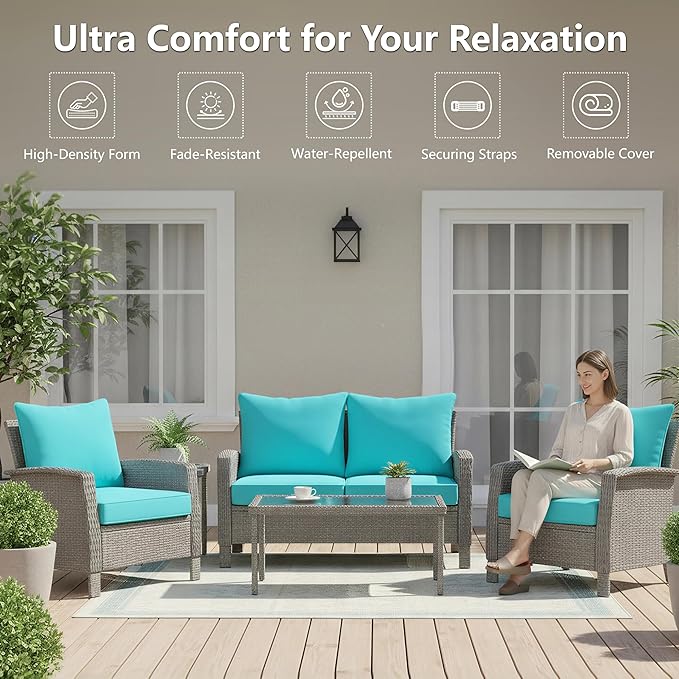 22x22 Inch Patio Chair Cushions Set of 4, Outdoor Furniture Cushions - Removable Cover, Water-Repellent, Fade-Resistant, Non-Slip Bottom & Straps, Replacement for Lawn, Porch & Deck Chair - Teal