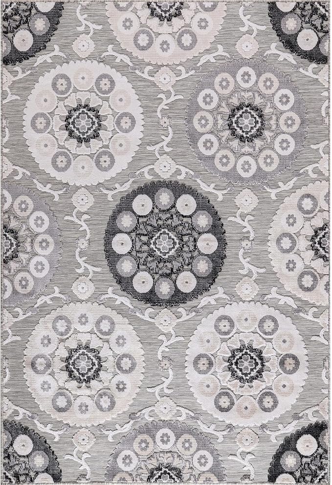 CAMILSON Indoor Outdoor Rug 10x14 Bohemian Medallion Floral Area Rugs for Indoor and Outdoor Patios Easy-Cleaning Non-Shedding Living Room Garden and Kitchen Washable Outside Carpet (10 x 14 / Gray)