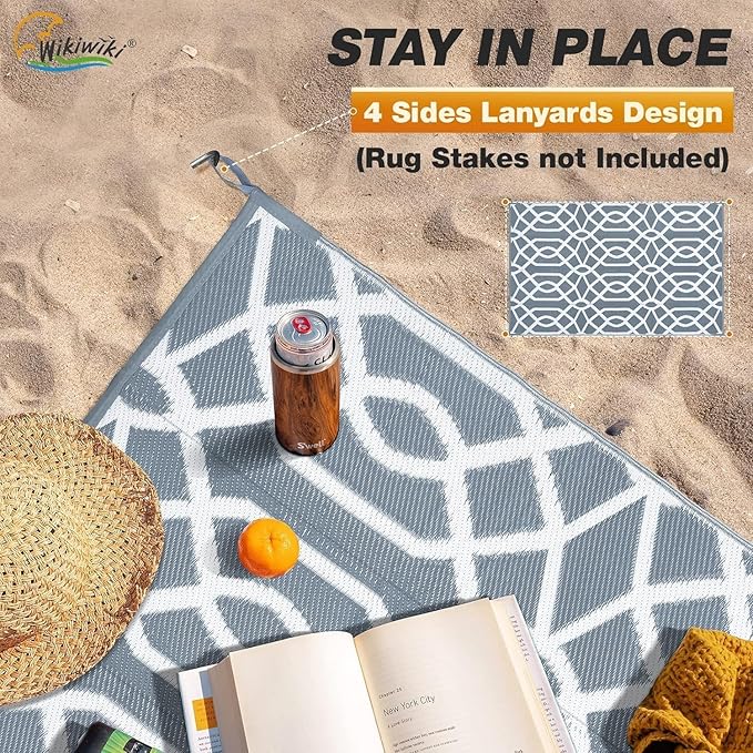 wikiwiki Outdoor Rug, 8x10ft Waterproof Reversible Mat Indoor Outdoor Rugs Carpet, Small Area Rug Plastic Straw Rug for Patio Deck Balcony Pool RV Camping Beach Picnic, Grey, Rugscape Series