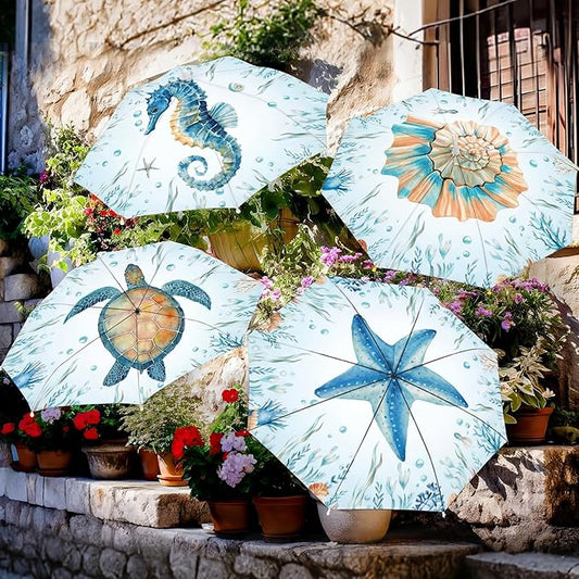4 Pack Plant Umbrellas for Outdoor Plants, Upgraded Joints-enhanced Wind Resistance, Adjustable Height, Large Garden Umbrella Shade for Potted Plants Bed Flower Pot (Sea Life)