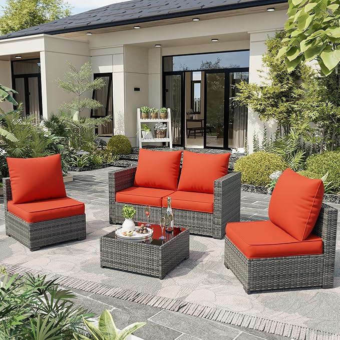 Amopatio Outdoor Chair Cushions 22.5"× 20.3" × 4", Set of 4 with Removable Cover, Waterproof & Fade Resistant seat Cushions for Patio Furniture, Orange Red