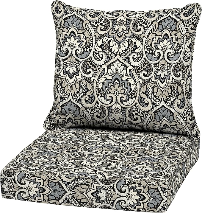 Arden Outdoor Deep Seat Cushion Set, 22 in x 24 in, Weather-Proof, Rain-Proof, Fade Resistant Patio Cushion Black Aurora Damask