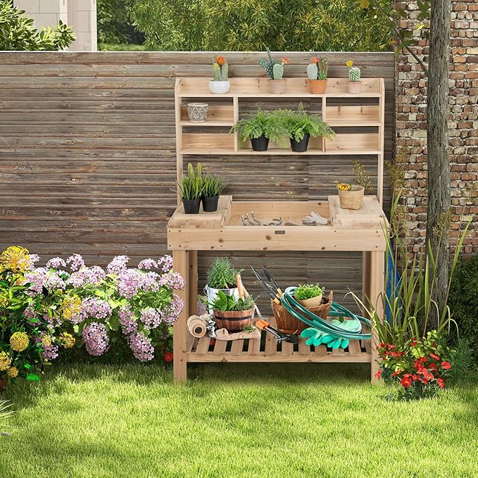 Giantex Garden Potting Bench Table, Large Workbench Table with Shelves, Openable Tabletop Hidden Storage Cabinet, 3 Hooks, Outdoor Wooden Workstation for Patio Garden Garage, 43.5"x19.5"x 60.5"
