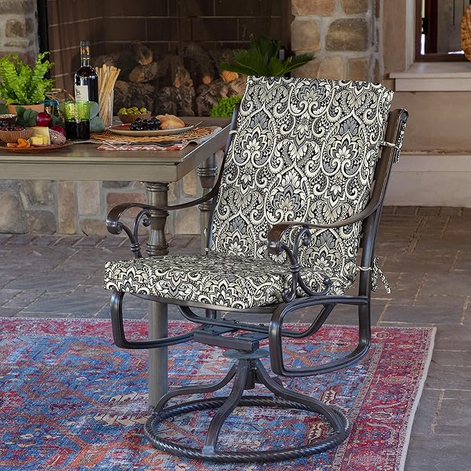 Arden 4-Pack Outdoor Patio Dining Chair Cushion, 20x44, Rain-Proof Seat Pad, Fade-Resistant Outdoor Cushion Black Aurora Damask