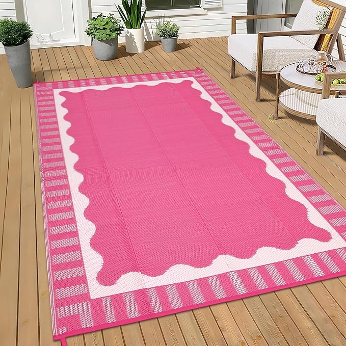 Outdoor Rug 8x10 Waterproof Patio Rugs Scalloped Border Reversible Mat for Front Door Rv Foldable Plastic Straw Carpet for Travel Trailers, Deck, Picnic, Camper, Balcony, Beach，Rose Pink
