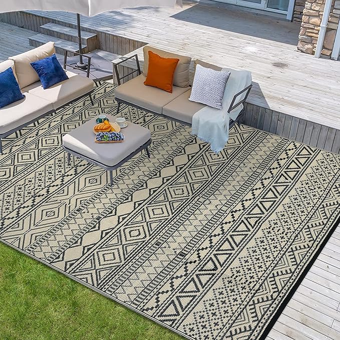 GarveeLife Outdoor Rugs 6x9 Waterproof Plastic Straw Rug, UV Resistant Rug Foldable Carpet Portable Lightweight Outdoor Mat for Backyard, Balcony, Garden, Camping, Black & Coffee