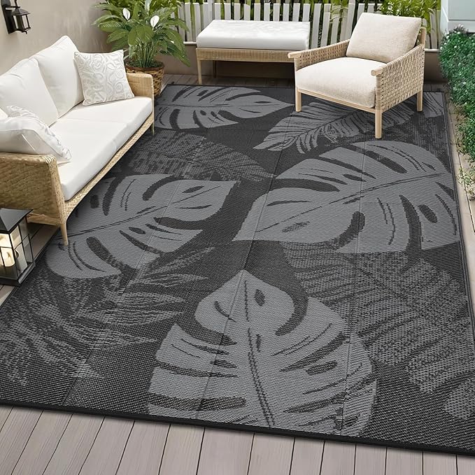 COZYLOOM Outdoor Patio Rug 8x10 Waterproof Plastic Straw Rug Reversible UV Resistant Camping Mat, Foldable Lightweight RV Picnic Mat with Portable Bag, Modern Outdoor Carpet for Yard, Black&Grey