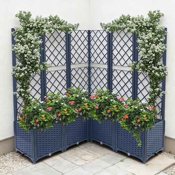 5PCS Raised Garden Bed with Treliis, Freestanding Garden Planter, Detachable Outdoor Planter Box, Vertical Garden Beds with Water Storage Mechanism for Climbing Growing, Backyard (Blue)
