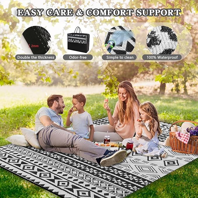 Wallona Outdoor Rugs 8x10 ft Patio Waterproof Clearance Indoor Outdoor Large Carpet for Patio Plastic Straw Reversible Area Rugs Mat for RV, Camping, Balcony, Beach, Picnic, Porch, Boho Black & White