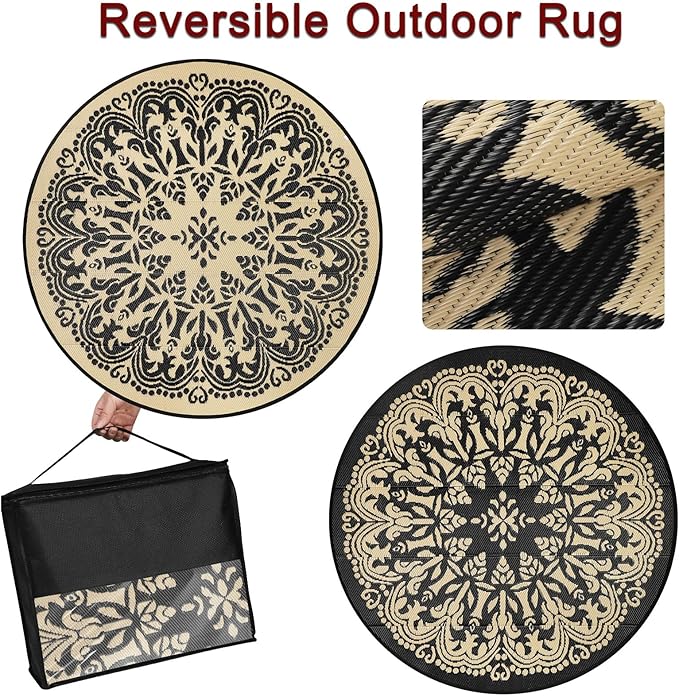 Homcomoda 8Ft Round Bohemian Mandala Outdoor Patio Area Rug, Black/Brown, Waterproof, Low Pile, Machine Made
