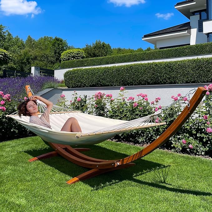 ECOTOUGE 13 FT Hammock with Stand for Outside, 2 Person Heavy Duty Wooden Hammock Stand, Large Hammock Bed for Porch, Patio, Balcony, Garden, Backyard, White-Yellow