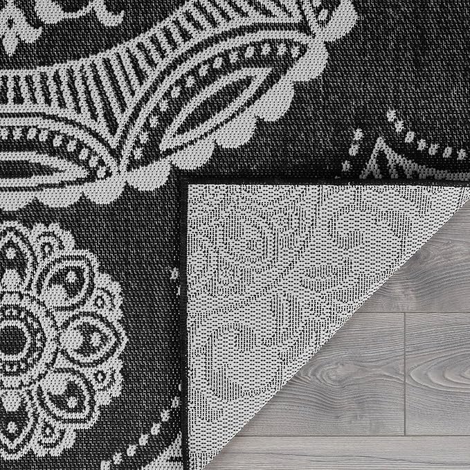 Medallion Outdoor Rug 5x7 Washable Outside Carpet for Indoor Patio Porch Waterproof Easy Cleaning Non Shedding Area Rugs Black 5 x 7