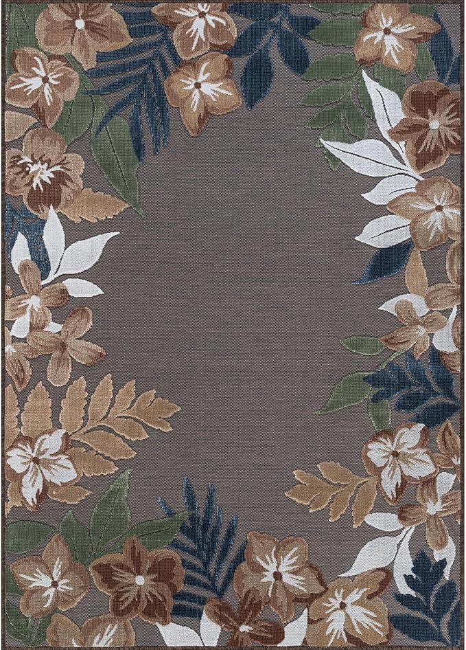 Outdoor Rug 6x9 Washable Area Rugs Indoor Outdoor Carpets Brown Border Floral Non Shedding Waterproof Easy Clean Patio Deck Porch Living Room Bedroom Garden RV (6 X 9 Brown)