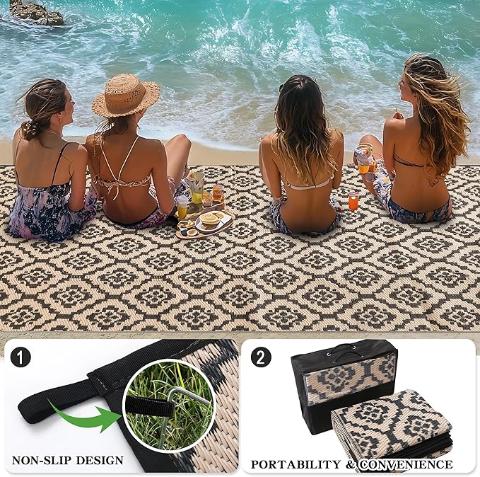 Wallona Outdoor Rugs 9x12 ft Patio Waterproof Clearance Indoor Outdoor Large Carpet for Patio Plastic Straw Reversible Area Rugs Mat for RV, Camping, Balcony, Beach, Picnic, Porch, Brick Black & Beige