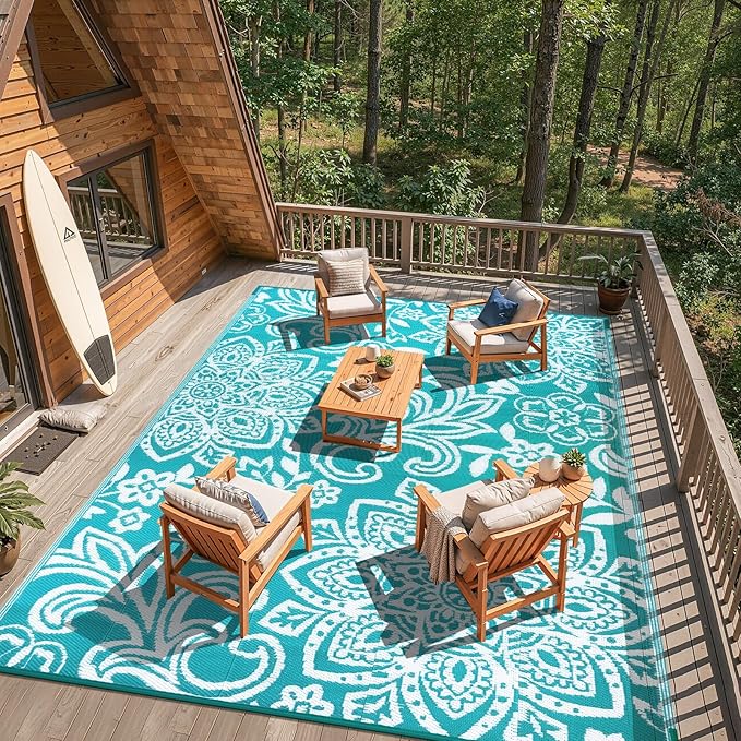 Findosom Waterproof Outdoor Rug 8' x 10' - Reversible Mandala Outdoor Plastic Straw Rug, Durable Foldable Patio Rug for RV, Deck, Balcony, Backyard, Picnic, Porch, Camping, Beach, Blue