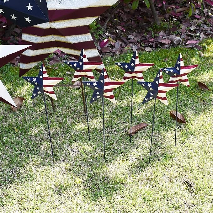 6set Metal Barn Star Yard Sign Planter Stake Outdoor Lawn Decor, Patriotic US Flag Star Barn Garden Signs for Walkway Pathway Planter Pot Decorative Outdoor Stake July 4th Veterans Day Party Supplies
