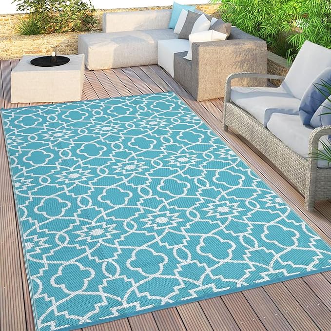 GAOMON Large Outdoor Camping Rug 9x18 Geometric Floral Reversible Outdoor Carpet, Foldable Modern Plastic Straw Patio Rug, Portable Outside Floor Mats for Porch, Beach, Balcony, Teal/White(Floral)