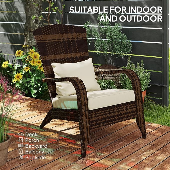 Outsunny Patio Wicker Adirondack Chair, Outdoor All-Weather Rattan Fire Pit Chair with Soft Cushions, Tall Curved Backrest and Comfortable Armrests for Deck or Garden, Mixed Brown/Cream White