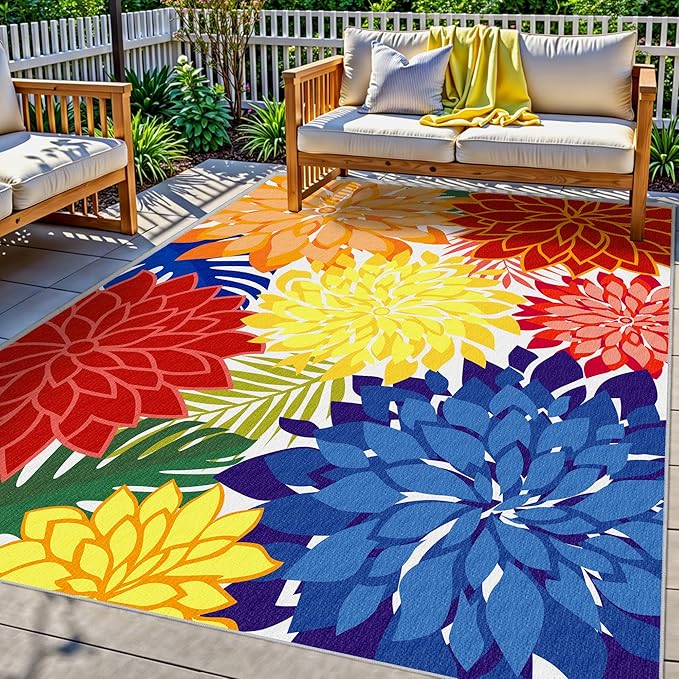 Colorful 5x8 Outdoor Area Rug Washable Multicolored Patio Rug Tropical Botanical Floral Chenille Waterproof Outdoor Carpet for Living Room, Deck, Backyard, Porch, Rainbow