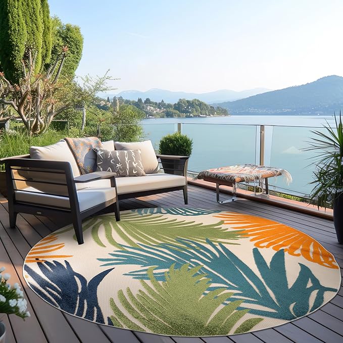 Rugshop Multi Lucca Contemporary Floral Indoor/Outdoor Round Area Rug Durable Polypropylene, Weather Resistant, Easy Maintenance, Perfect for Patio, Backyard, Deck and Outdoor Lounge 8' Round