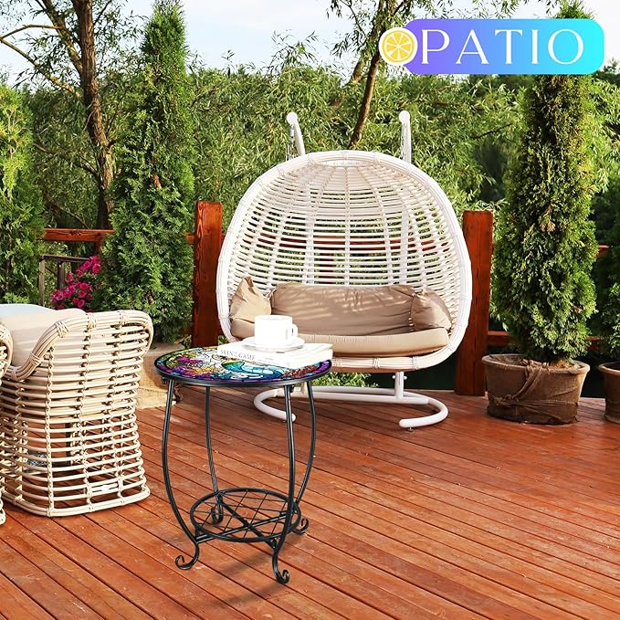 Outdoor Side Table Round Small Mosaic Patio Accent Indoor End Plant Coffee Tea Table for Yard Patio Porch Garden Living Room, Bedroom(Mermaid Style,14 Inch)