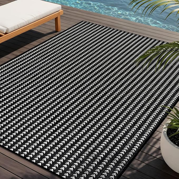 Washable Outdoor Rug 8x10 Modern Area Rugs Outdoor Carpets Striped Pattern Non Shedding Waterproof Easy Clean Patio Deck Porch Living Room Bedroom Garden RV (8 X 10 Black)