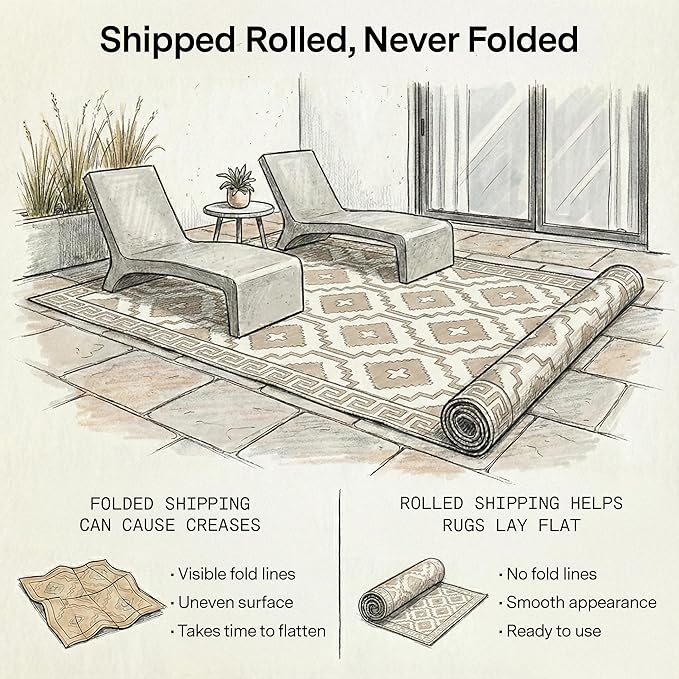 Fab Habitat Boho Vintage Tribal Outdoor Rug - Waterproof, Crease-Free Fade Resistant, Reversible - Recycled Plastic - Patio Porch Balcony Deck Yard Garden - Lhasa Mocha - 5x8 ft