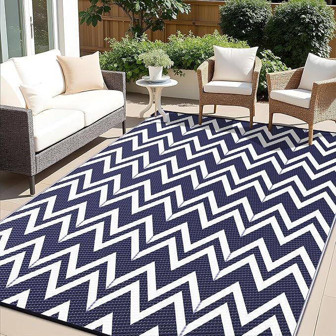 OLANLY Waterproof Outdoor Rug 9x12 ft Clearance, Reversible Outdoor Plastic Straw Rug, RV Mat, Indoor Outdoor Carpet for Patio, Camping, Balcony, Deck, Backyard, Navy & White