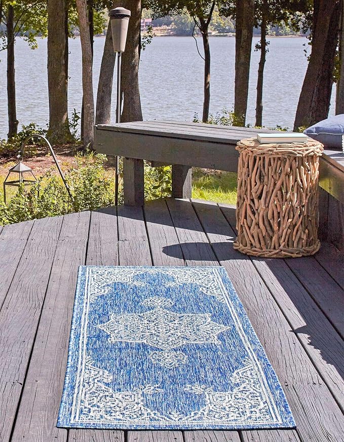 Unique Loom Outdoor Traditional Collection Area Rug - Antique (2' x 8' Runner Blue/Ivory)