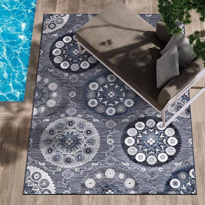 CAMILSON Indoor Outdoor Rug 8x10 Bohemian Medallion Floral Area Rugs for Indoor and Outdoor Patios Easy-Cleaning Non-Shedding Living Room Garden and Kitchen Washable Outside Carpet (8 x 10 / Navy)